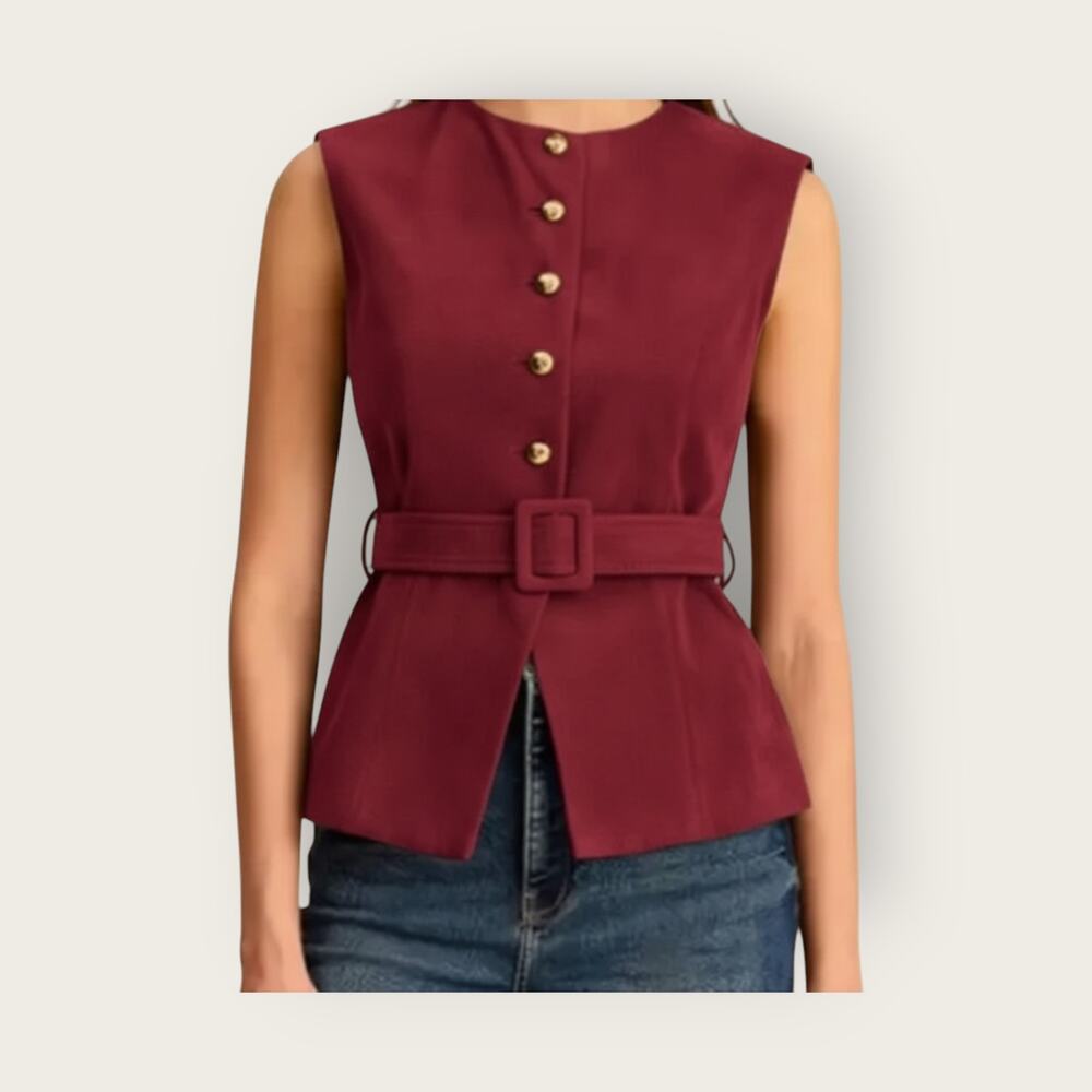 Commense Red Suede Belted Vest Gold Button Tailored Top NWT - S Parisian Chic - Picture 5 of 7